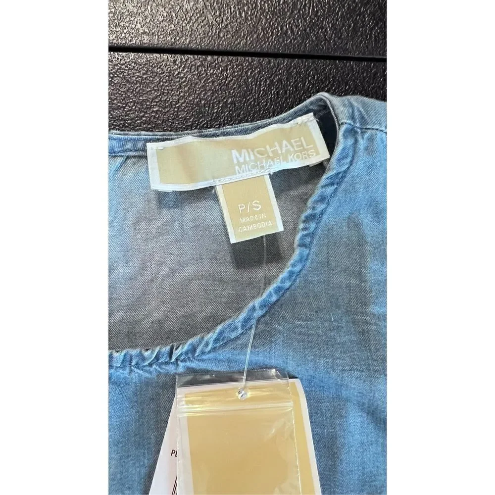 Michael Kors Women's Keyhole Back Short Sleeve Top Blue Sz Petites P/S NWT P1-87
